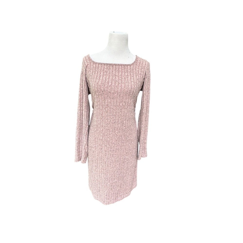 Fashion Nova Dress Womens XL Pink Ribbed Knit Square Neck Long Sleeve Bodycon